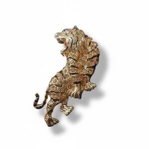 Vintage Rhinestone Tiger Brooch Gold Tone Enamel Big Cat Statement Pin